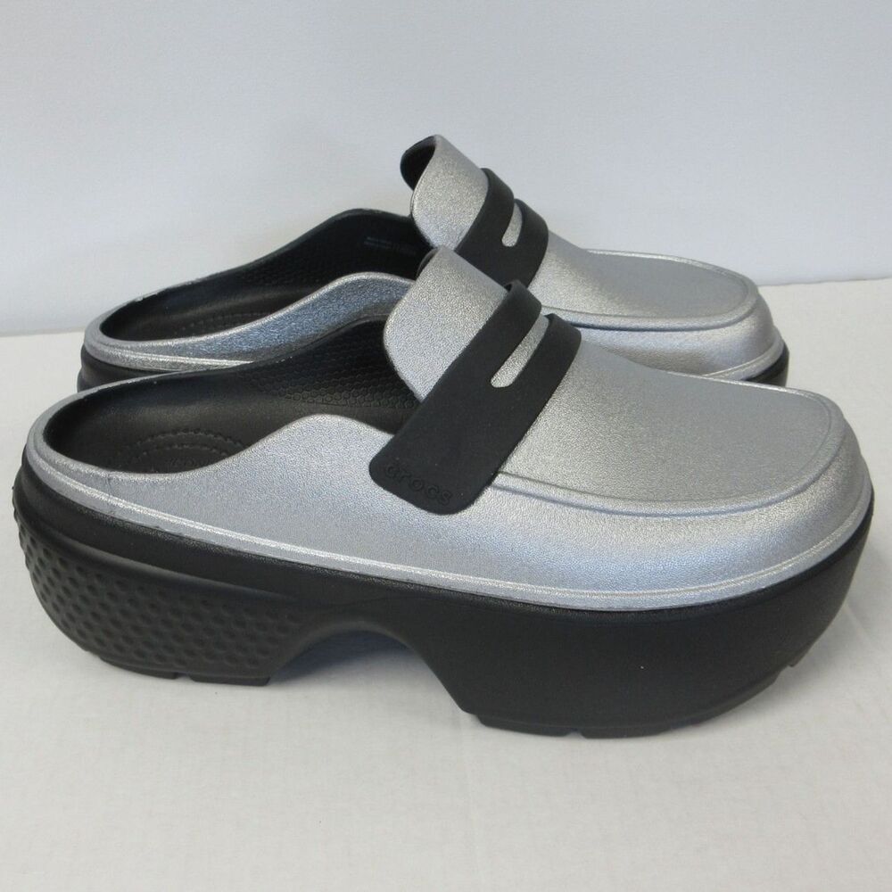 CROCS Stomp Metallic Penny Loafer Womens 8 Black Silver Platform Clog Shoes‎ NEW